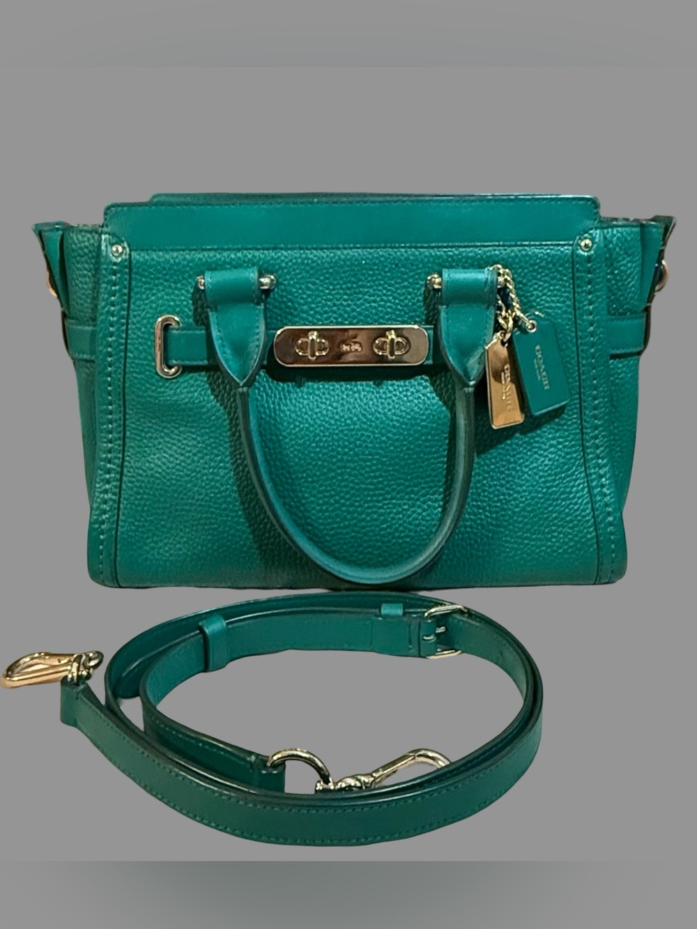 AUTHENTIC Coach Swagger 27 Satchel in Green Pebble Leather - Picture 2 of 11